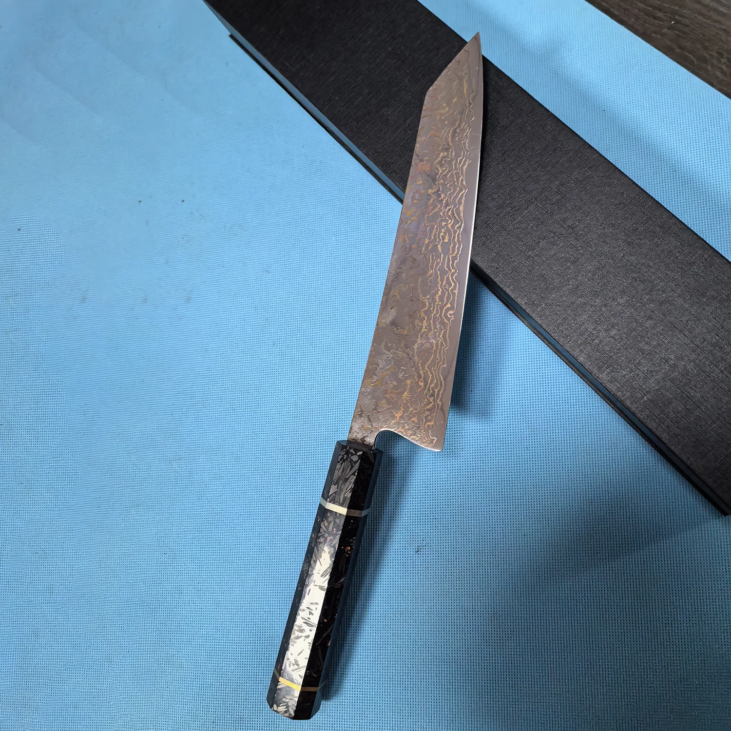 8 Cal nóż Kiritsuke 73 warstwy trójkolorowy miedziany Damasus stalowy szef kuchni tasak japońskie noże kuchenne uchwyt z włókna węglowego