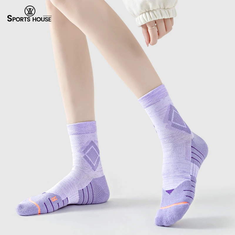 SPORT\'S HOUSE Women\'s mid-tube running socks for spring and summer Towel bottom breathable non-slip fashion sports socks