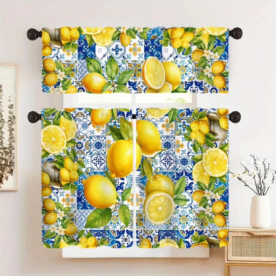 3PCS Blue White Mediterranean Tile Lemon Fruit Print Kitchen Curtain Set, Rod Pocket Tiers for Summer Kitchen Cafe Home Decor