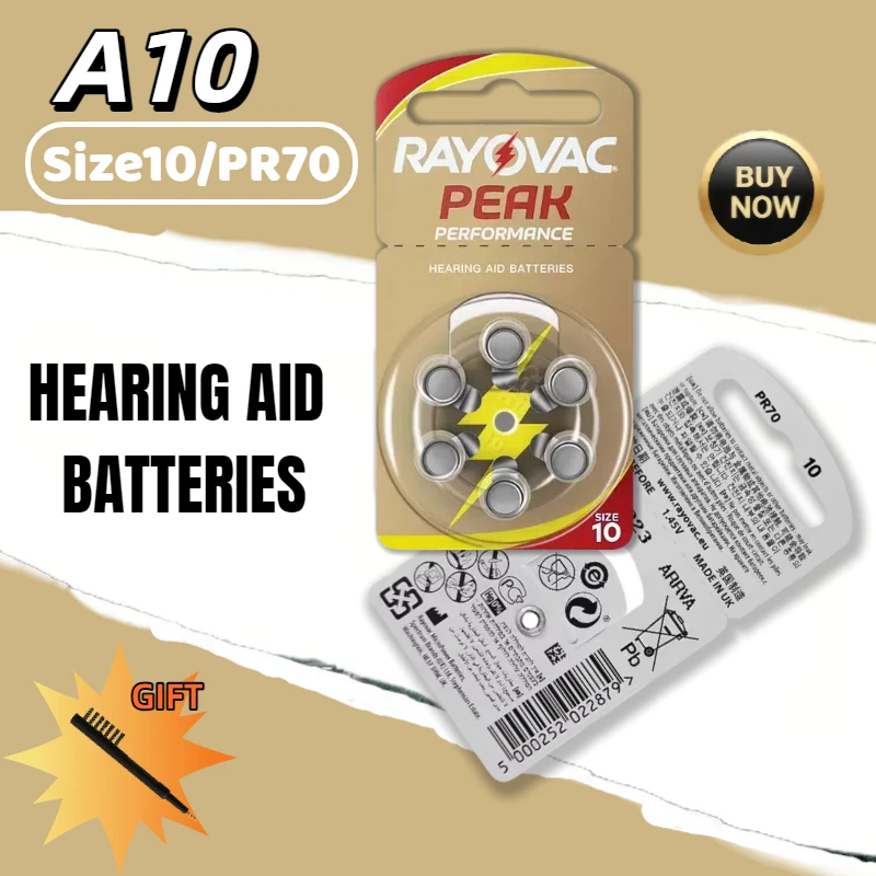 

60PCS/10 Cards RAYOVAC PEAK Hearing Aid Batteries A10 (ZA10,10A,P10,PR70) – High-Performance Zinc-Air Batteries for Hearing Aids