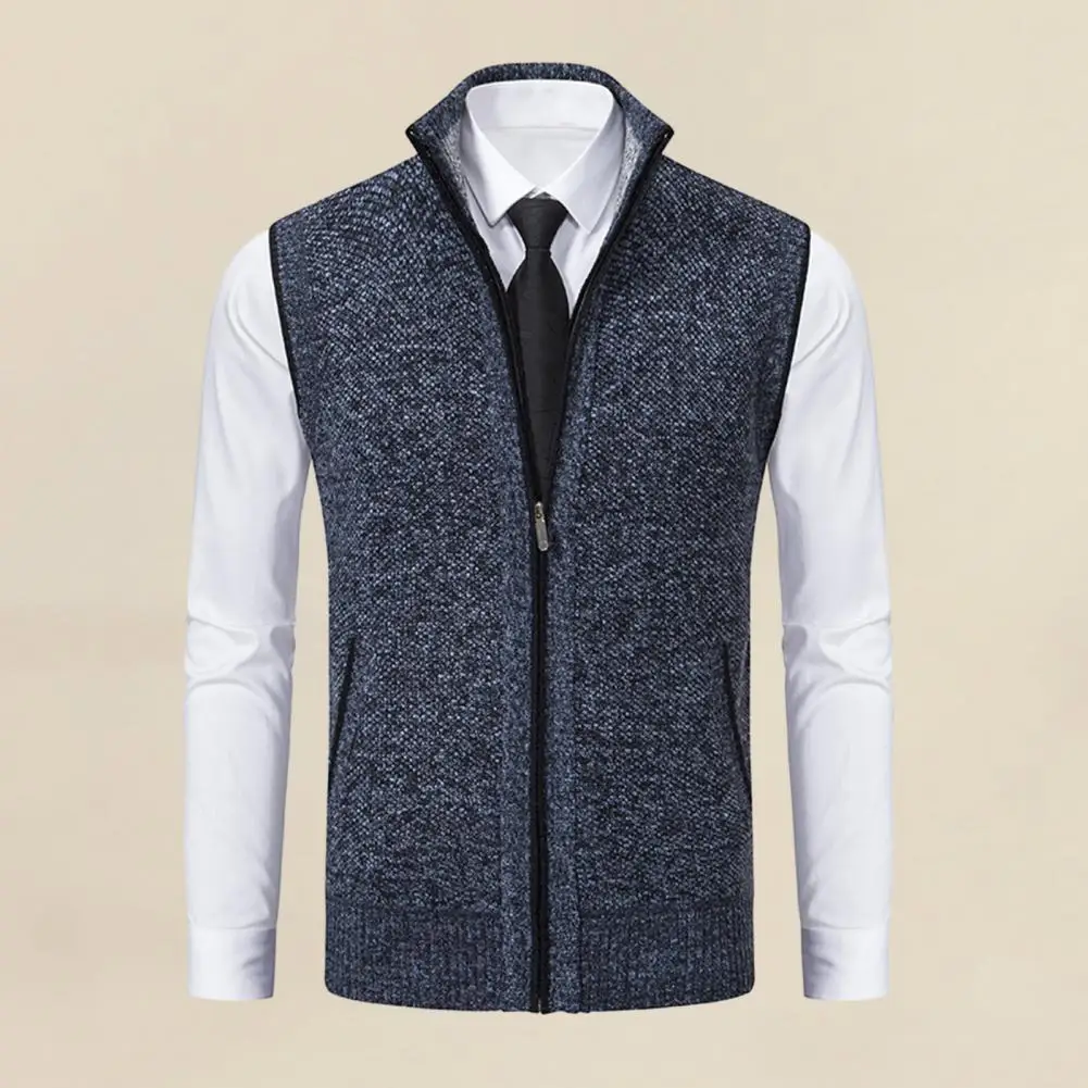 

Men Autumn Winter Vest Coat Stand Collar Knitted Cardigan Zip Up Neck Protection Sleeveless Slim Fit Warm Casual Soft Mid Length