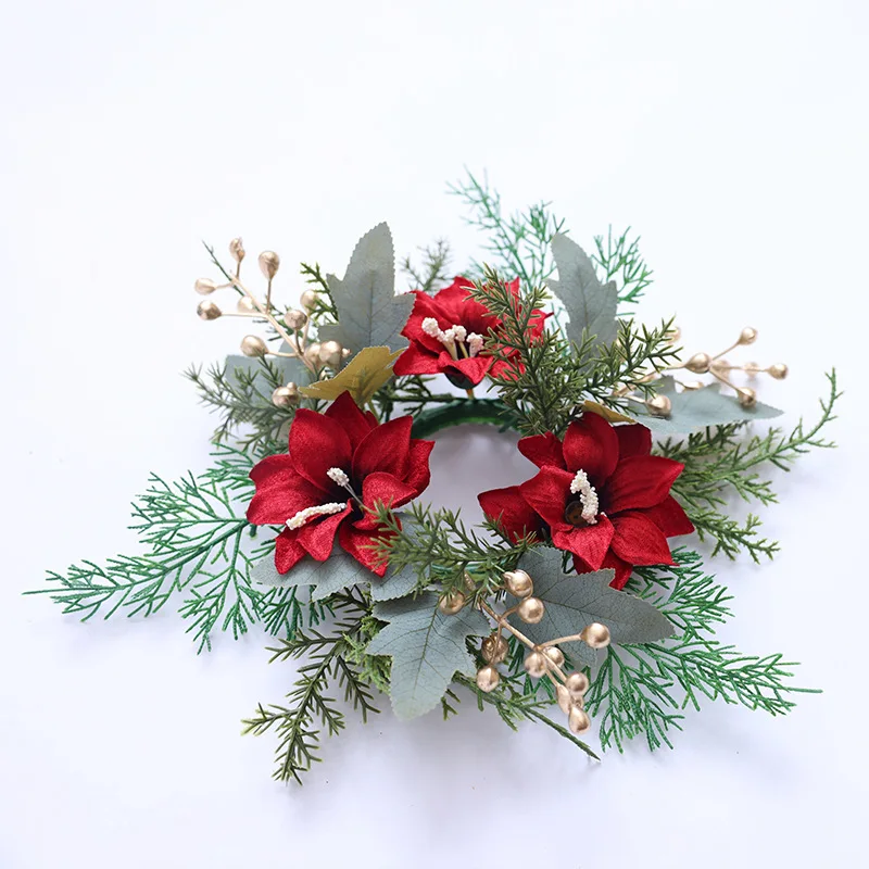 

Christmas Candlestick Wreath Artificial Flowers Candle Ring Xmas New Year Table Decoration Candle Holder Garland