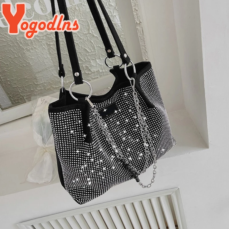 Yogodlns Luxury Rhinestone Bucket Bag For Women Fashion Brands Shouldr Bag Trendy Underarm Bag Shopping Handbag Purse Bolsa