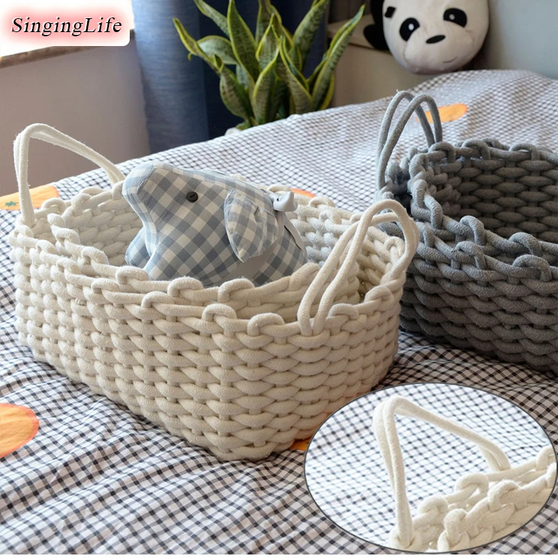 Handmade Woven Storage Basket Portable Cosmetics Sundries Desktop Cotton Rope Storage Box Gadgets Rattan Organizer Rangement