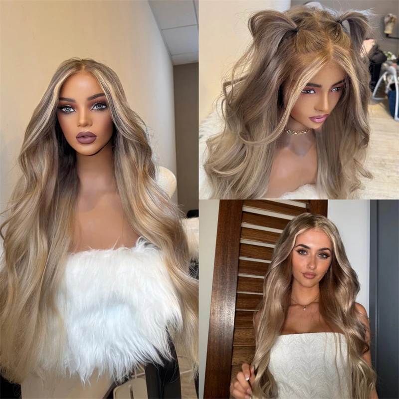 

Ombre Brown With Blonde Streaks Synthetic Lace Front Wig Long Wavy 30 Inches For Women Realistic Natural Looking Wig Super Long