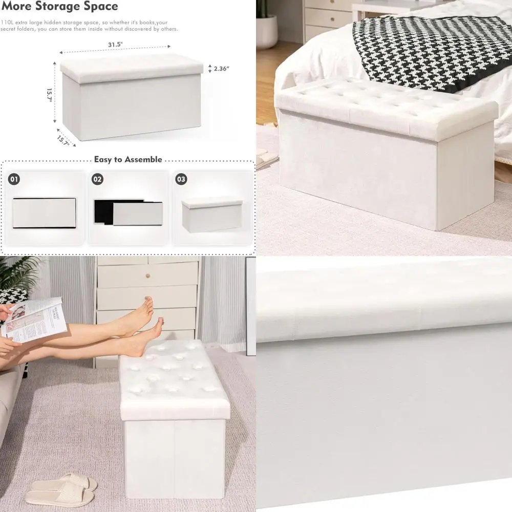 

Large White Velvet Storage Ottoman Bench, 31.5x15.7x15.7 - Footrest & Seat