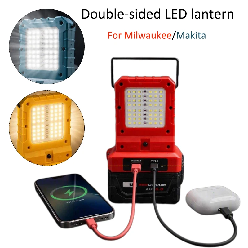 Lithium battery work light Double-sided lighting For Dewalt/Milwaukee/Makita18V-20V Battery USB/Type-C Output Outdoor camping