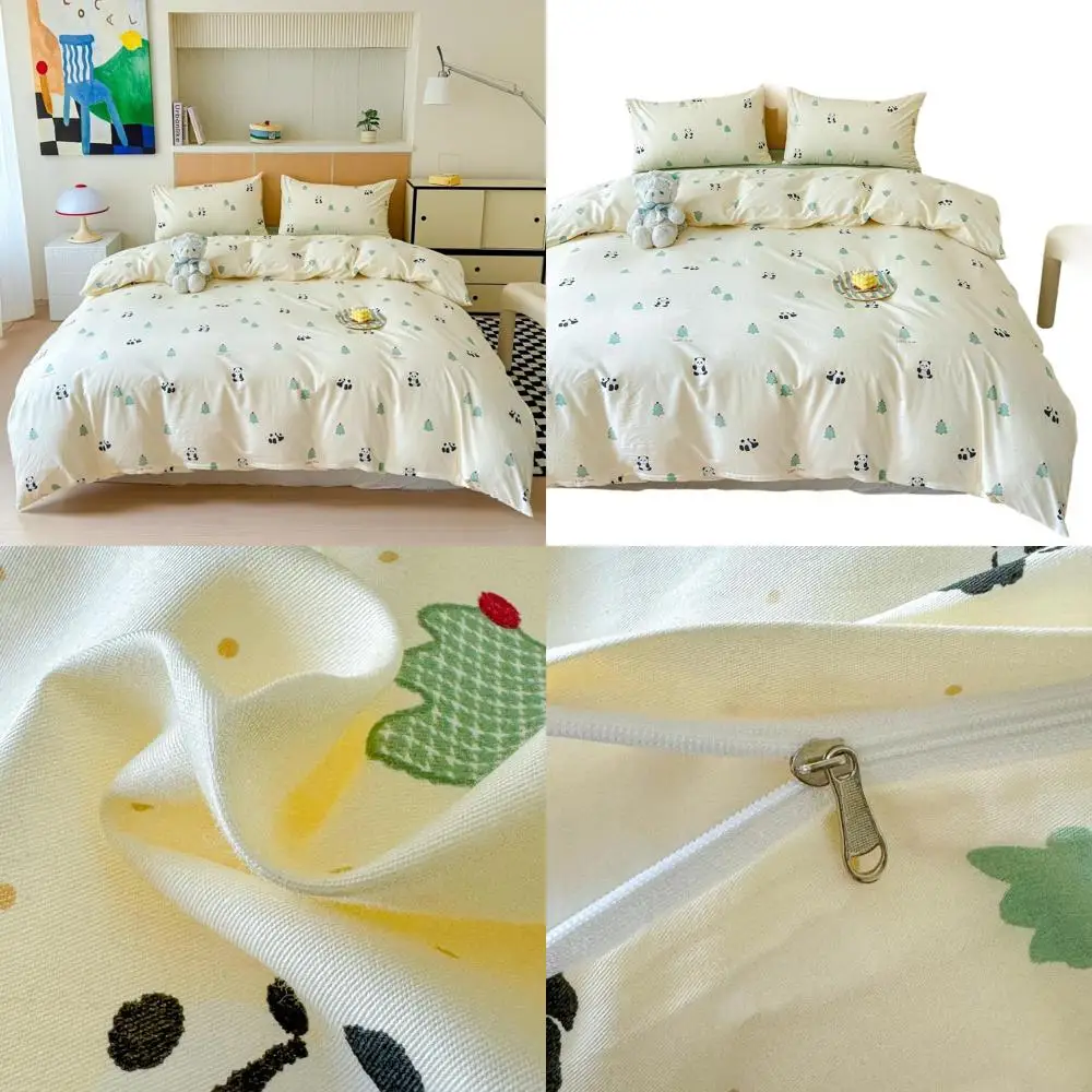 

Queen Size Panda Themed Cotton Bedding Set with Green Pine Tree and Kawaii Print, 1 Comforter Cover & 2 Pillowcases