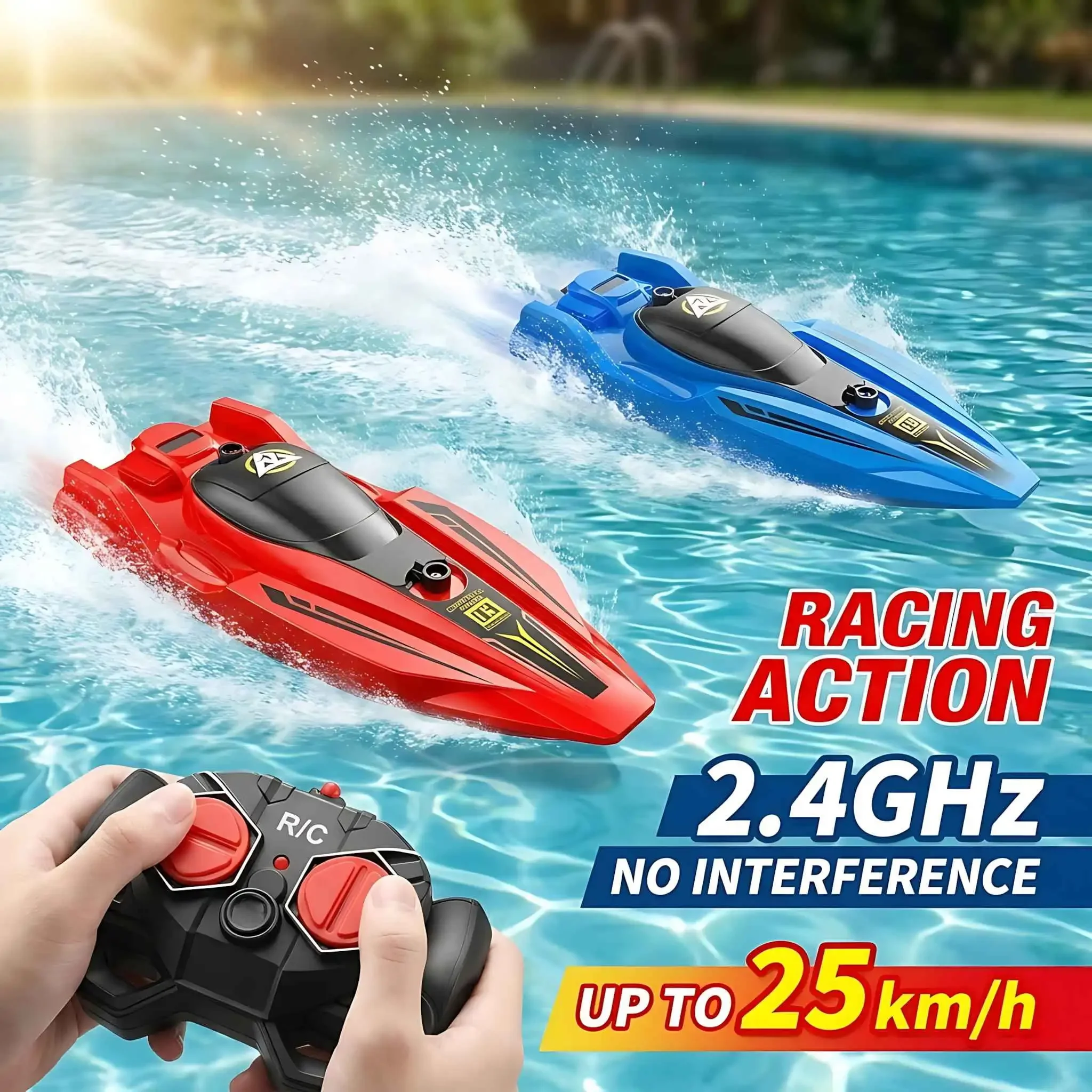 2-Pack 25KM/H RC Boats for Kids Adults, 2.4GHz High Speed Remote Control Racing Boat with LED Lights for Pools Lakes Water Toys