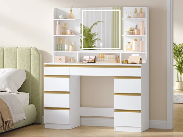 Hzuaneri Coiffeuse avec éclairage LED, 3 couleurs, contrôle de la luminosité, coiffeuse avec miroir, 9 tiroirs, 9 étagères ouvertes