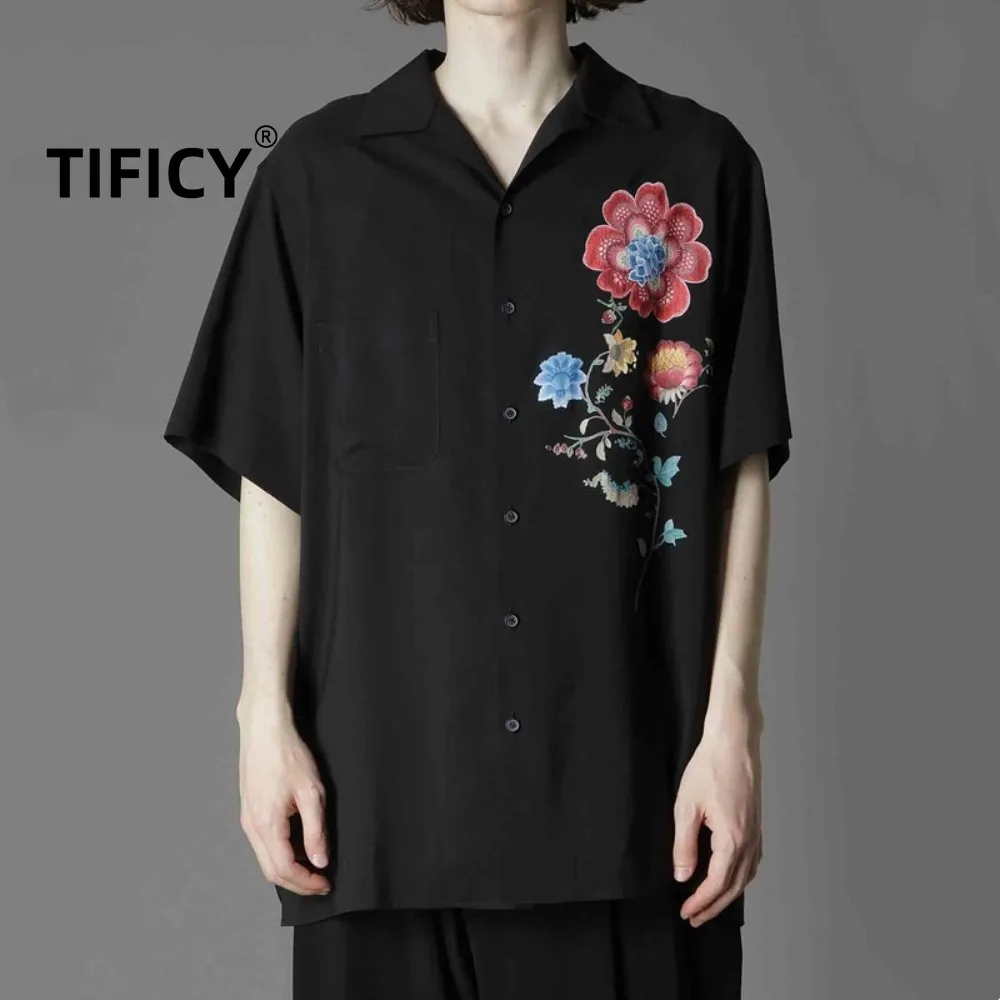 

High Street Dark Back Shirts Men's Summer New Pure Cotton Short Sleeved Shoulder Down Breathable Floral Printed Shirt Tops