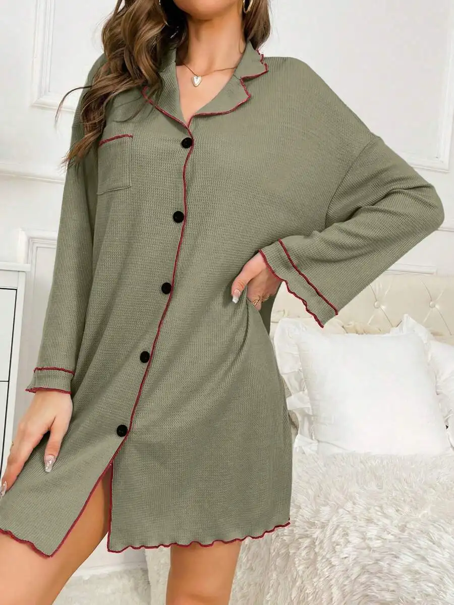 

Women Olive Green Button Front Nightgown With Red Trim Cozy Lounge Dress