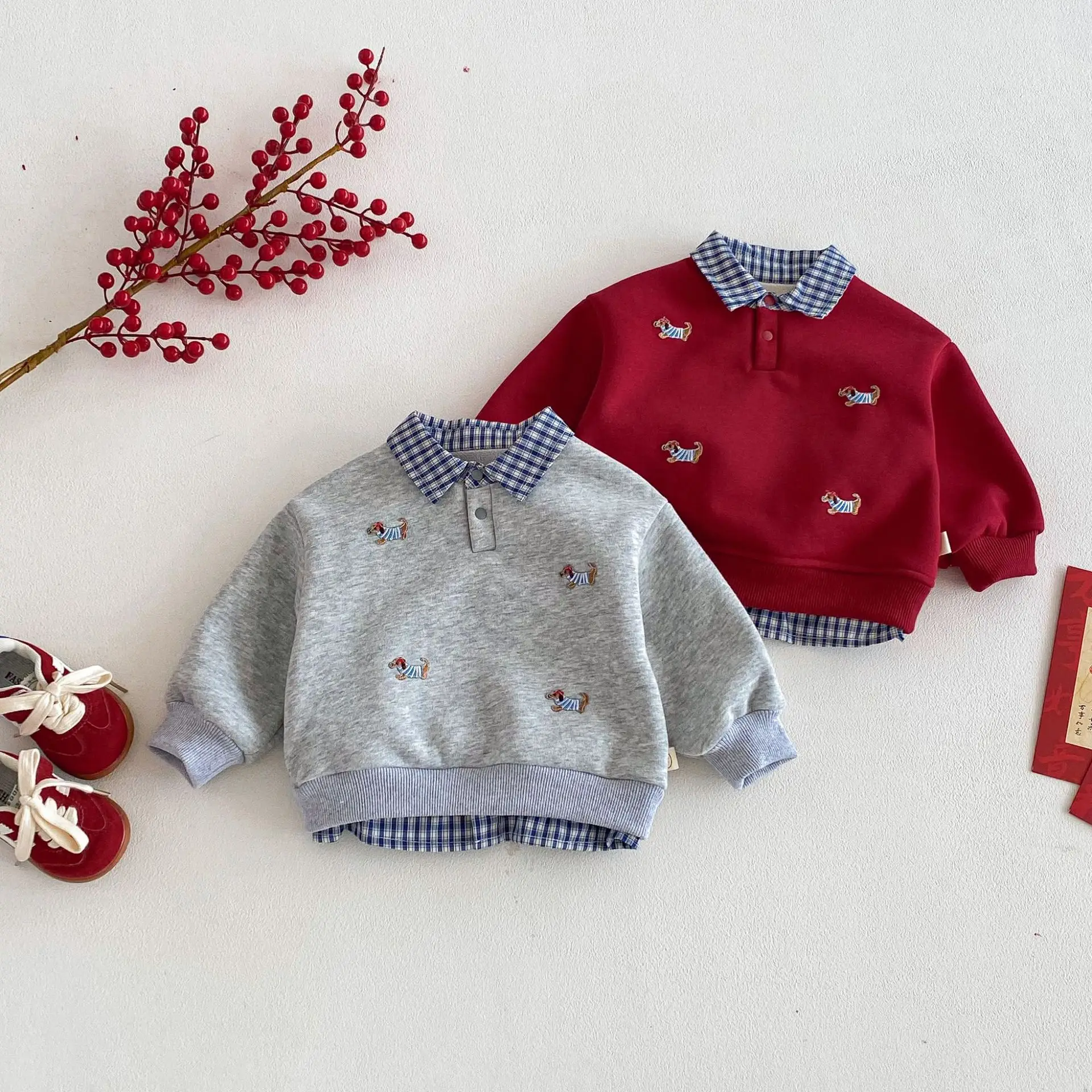 Red New Year Sweater for Kids, Velvet Trim Lapel Pullover for Boys & Girls, Autumn Winter Holiday Knitwear