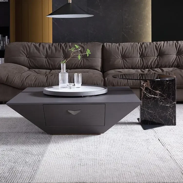 طاولة قهوة إيطالية بسيطة، مربعة، مع قرص دوار، زجاج مقسى، تعليق