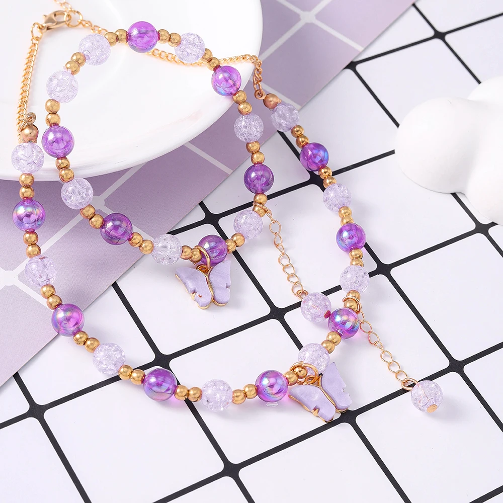 Aihua Romantische rosa Kristall Schmetterling Armband Halskette für Frauen Mädchen bunte Popcorn Perlen Halsband Halskette Schmuck Set – Detail 9