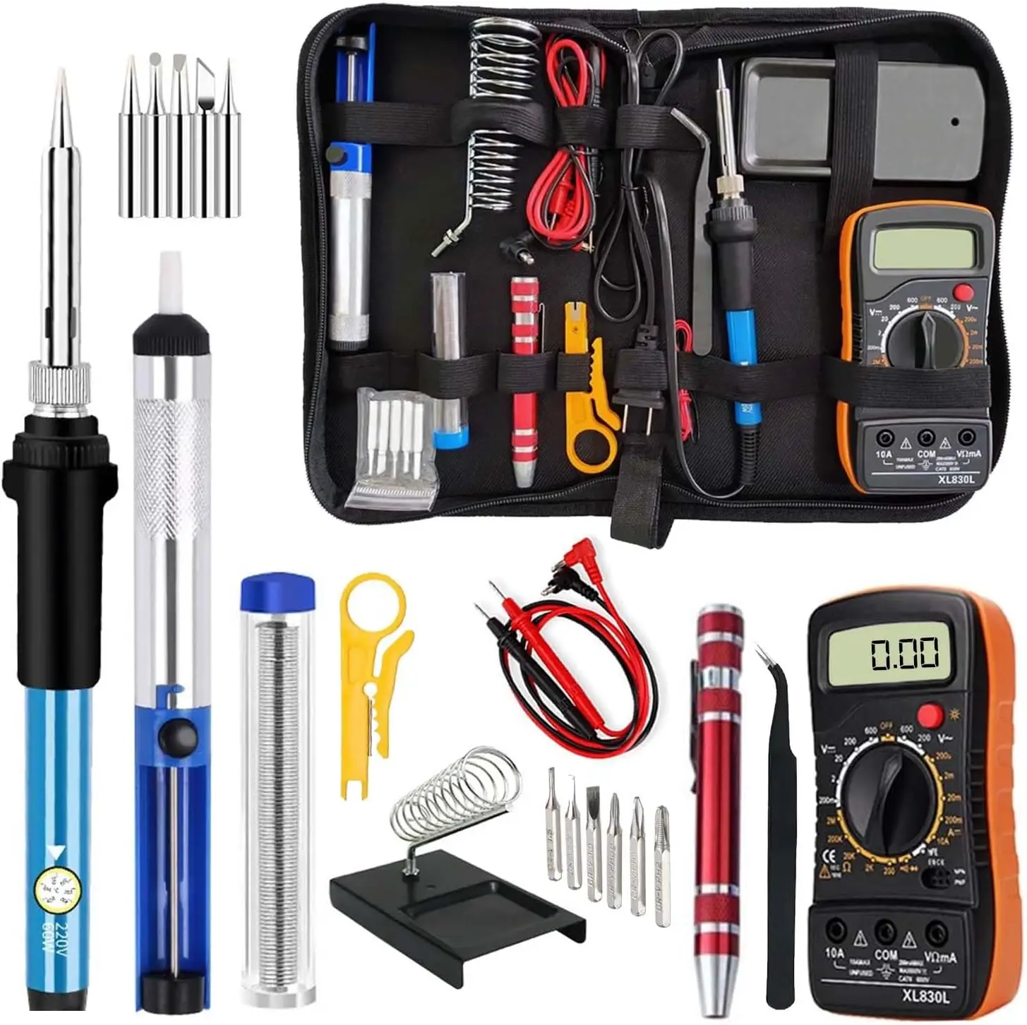 

Soldering Iron Kit 60W Adjustable Temperature with Multimeter, 5 Tips, Stand, Pump, Tweezers, Wire, Screwdriver, Stripper for