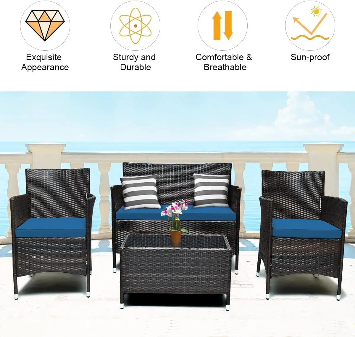 8 Pieces Patio Rattan Conversation Set with Tempered Glass Coffee Table & Thick Cushion, Wicker Set for Garden, Lawn, Poolside a