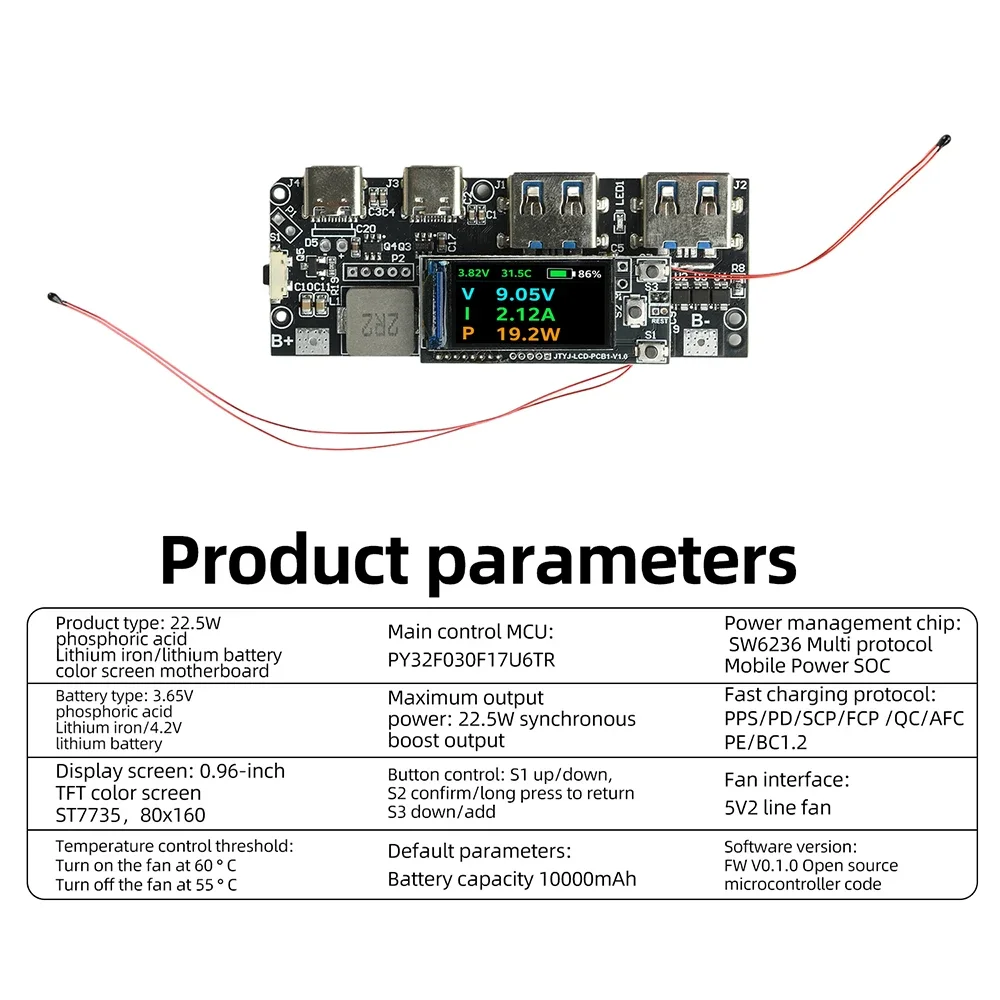 22,5W DIY Tragbares Powerbank-Mainboard mit 0,96 Zoll TFT-Farbdisplay, PD-Multi-Protokoll-Schnellladung für Elektronische Komponenten – Detail 7