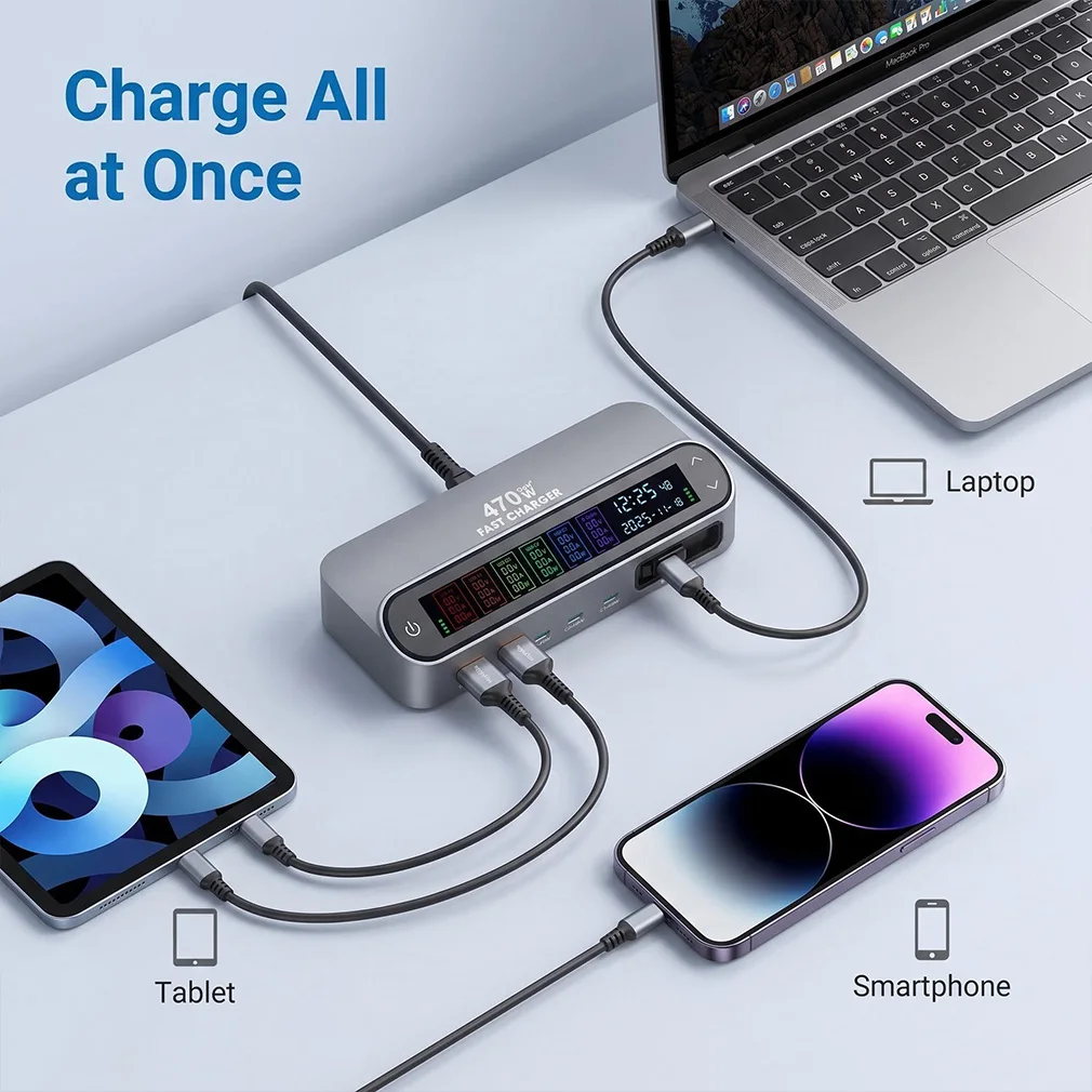 

Multi Port 140W Type C Desktop Charging 470W/405W GAN Fast Charger with LCD Display Screen Wholesale Dropshipping Hot