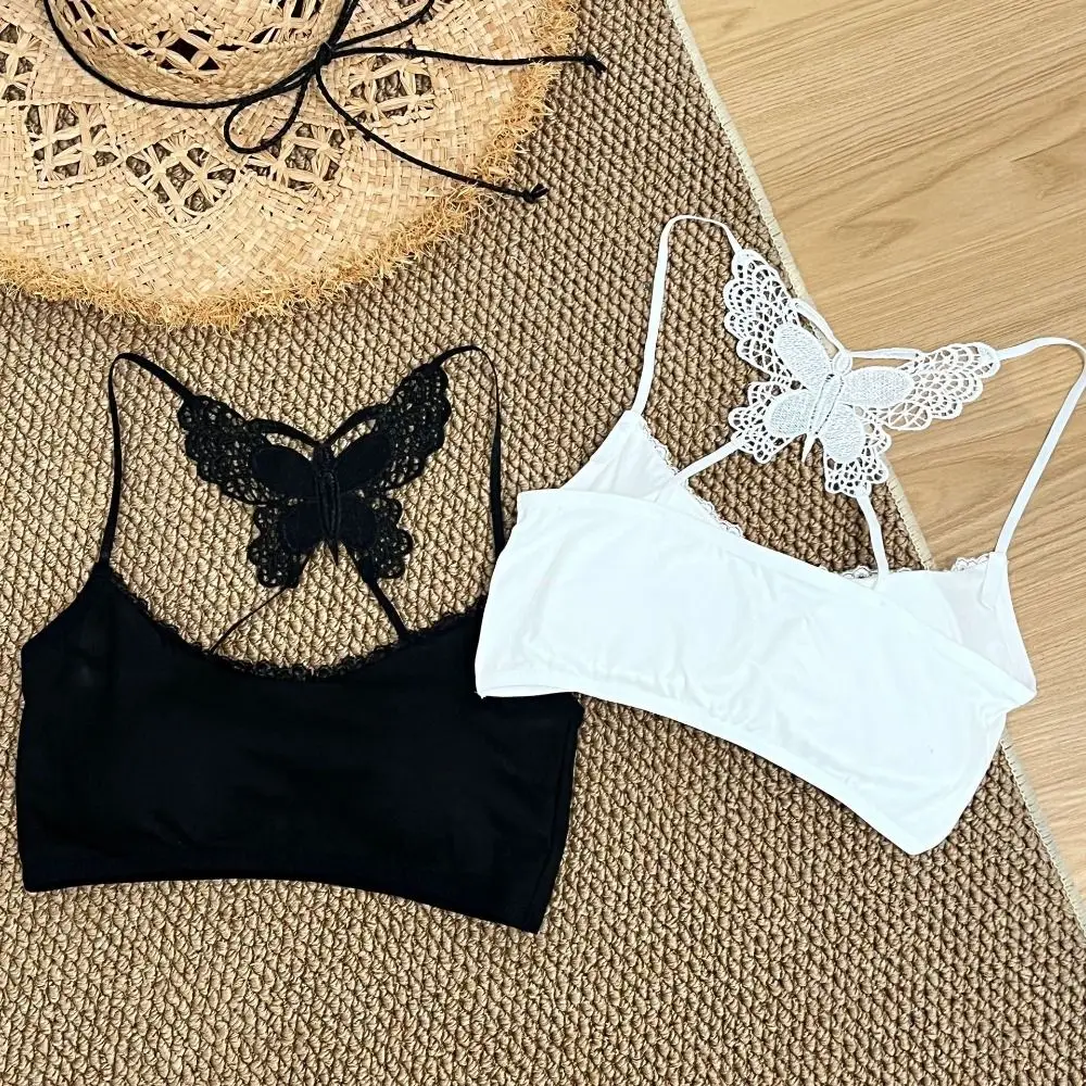 Butterfly Embroidery Backless Butterfly Vest Built In Pad Lace Trim Padded Camisole Hollow Out Innerwear Tank Top Summer Wear