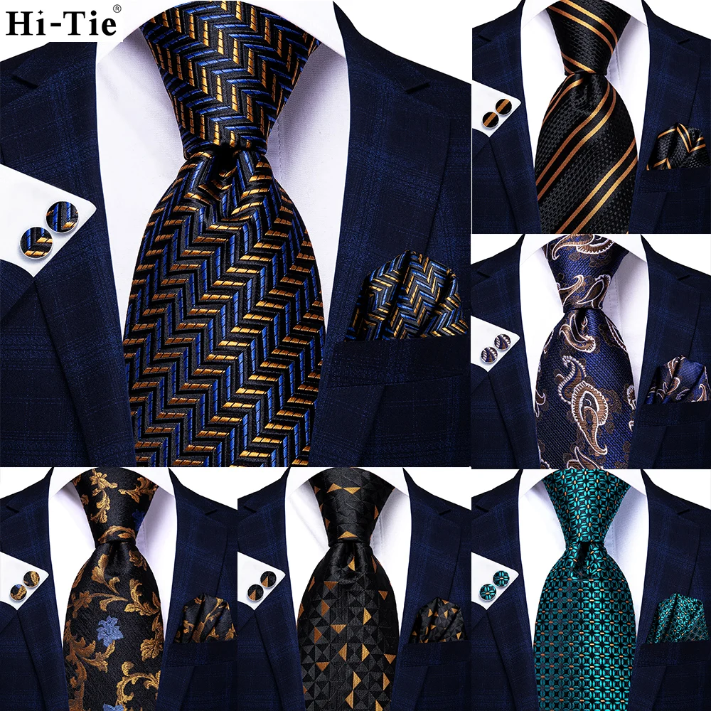 

Hi-Tie Striped Navy Blue Gold Paisley Silk Wedding Nicktie For Men Hanky Cufflinks Gift Mens Tie Set Business Party Dropshipping