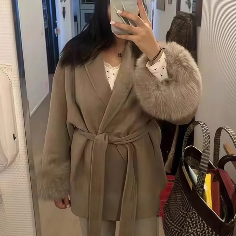 Mode Revers Kurzen Mantel mit Gürtel Neue Feste Pelz Patchwork Spitze Up Oberbekleidung Frauen Woolen Jacke Herbst Dame Strickjacke Elegante