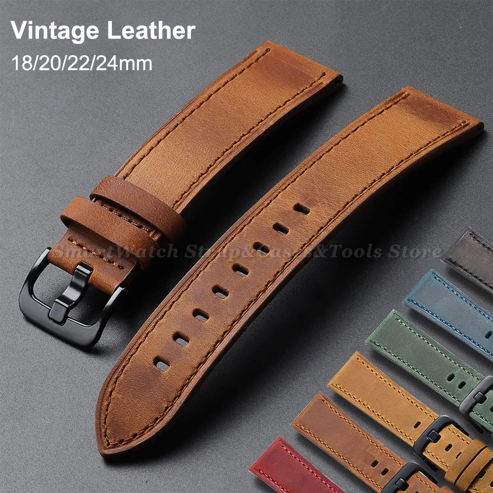 

Vintage Cowhide Watch Strap 18mm 20mm 22mm 24mm Dark Brown Watch Band Black Buckle Leather Wristband for Men Women Accessories