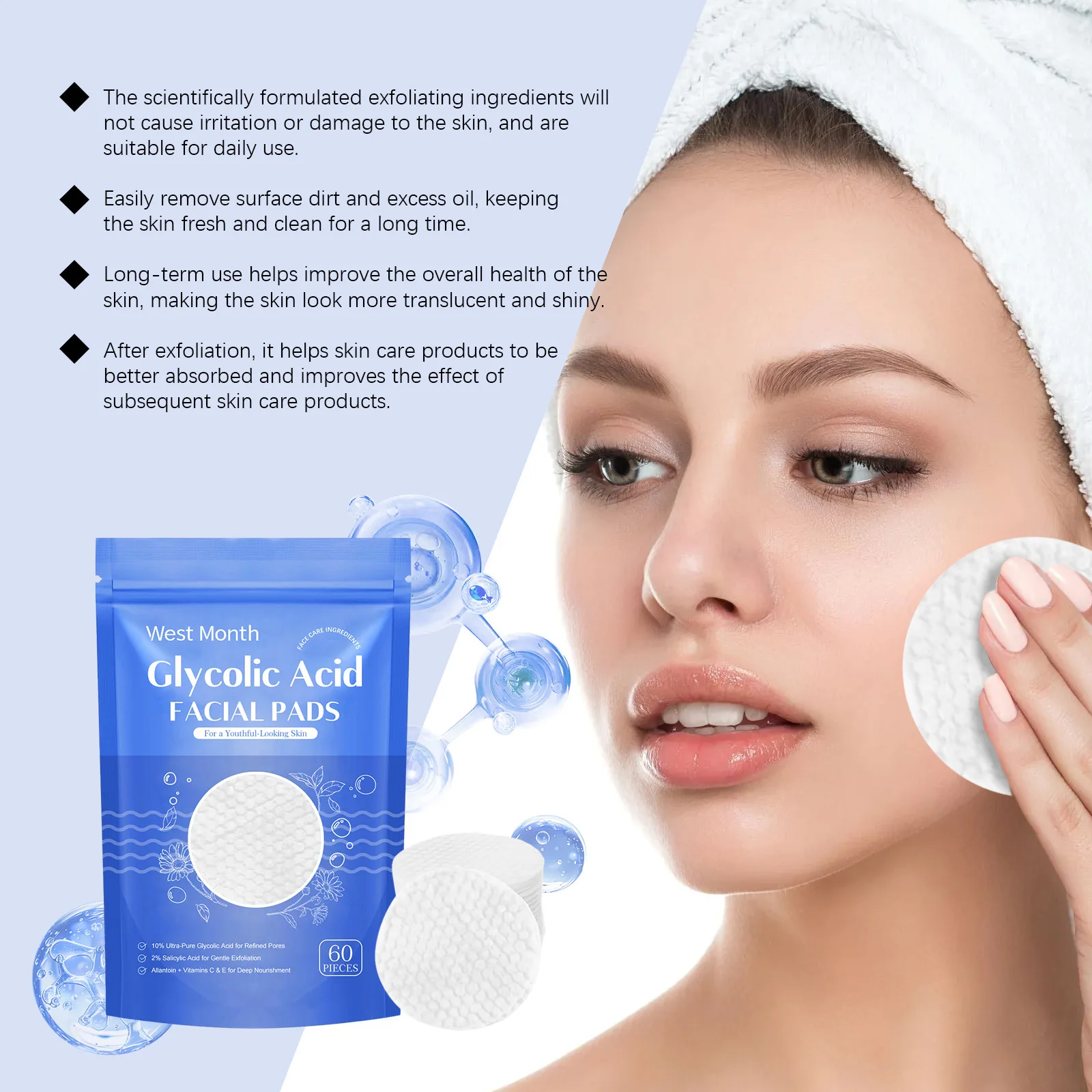 Glycolic Acid Cleansing Pads Acne Remover Brightening Moisturize Glowing Repair Oil Control Exfoliating Facial Sponges Skin Care