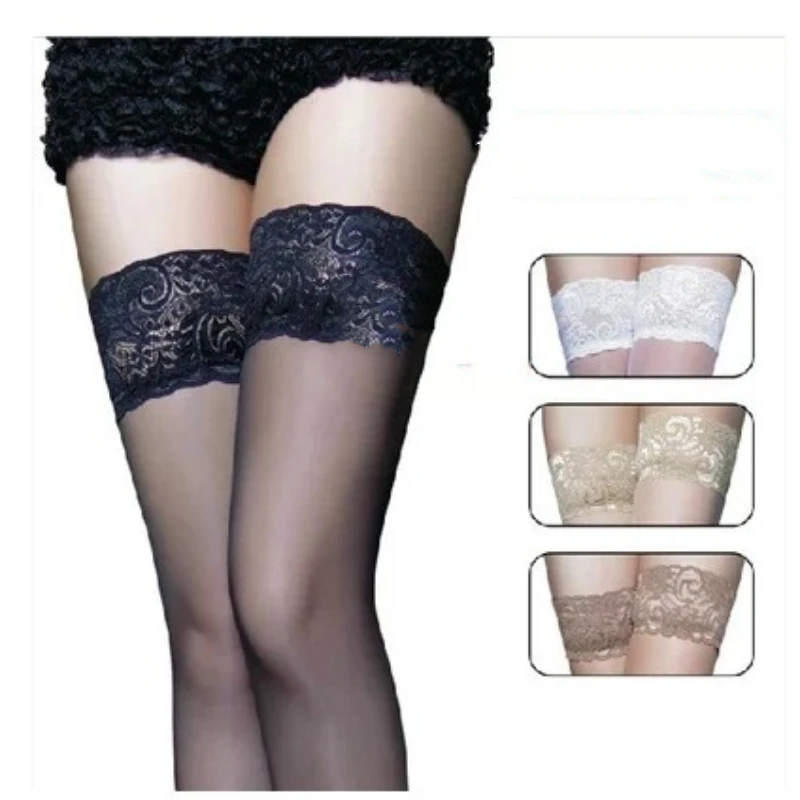 Calze di pizzo Sexy calze al ginocchio Sexy trasparenti calze lunghe alla coscia calze con calza antiscivolo per le donne erotiche