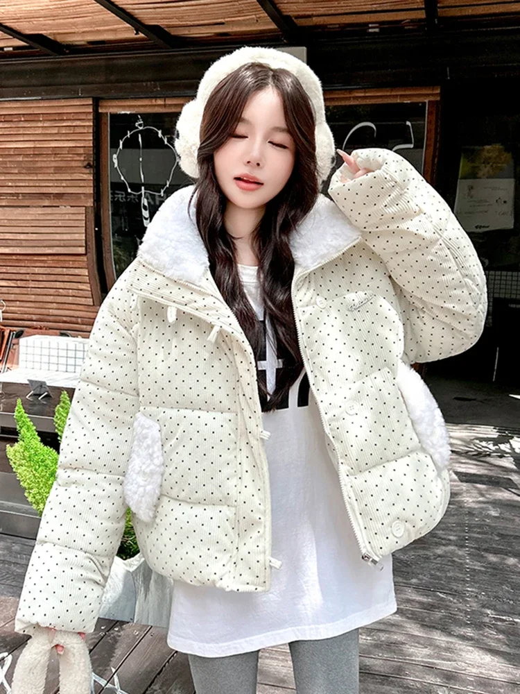 

Vintage Sweet Polka Dot Corduroy Parkas Women Thick Warm Winter Cotton Coat Korean Loose Long Sleeve Female Elegant Jacket Tops