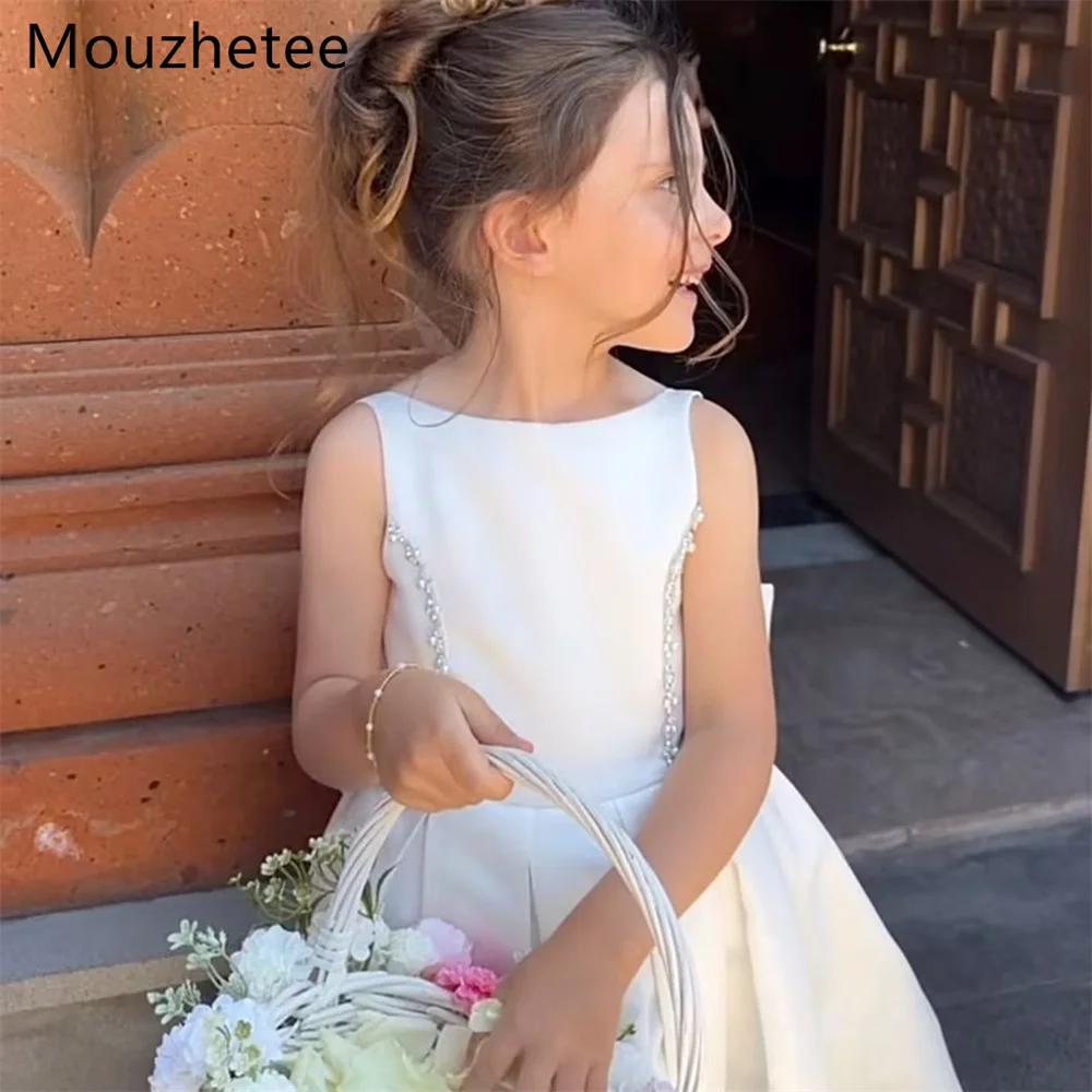 Mouzhetee A-Line Simple O-Neck Pearls Sleeveless Bow Flower Girl Dresses Princess Girls Birthday Dresses Customized 2026