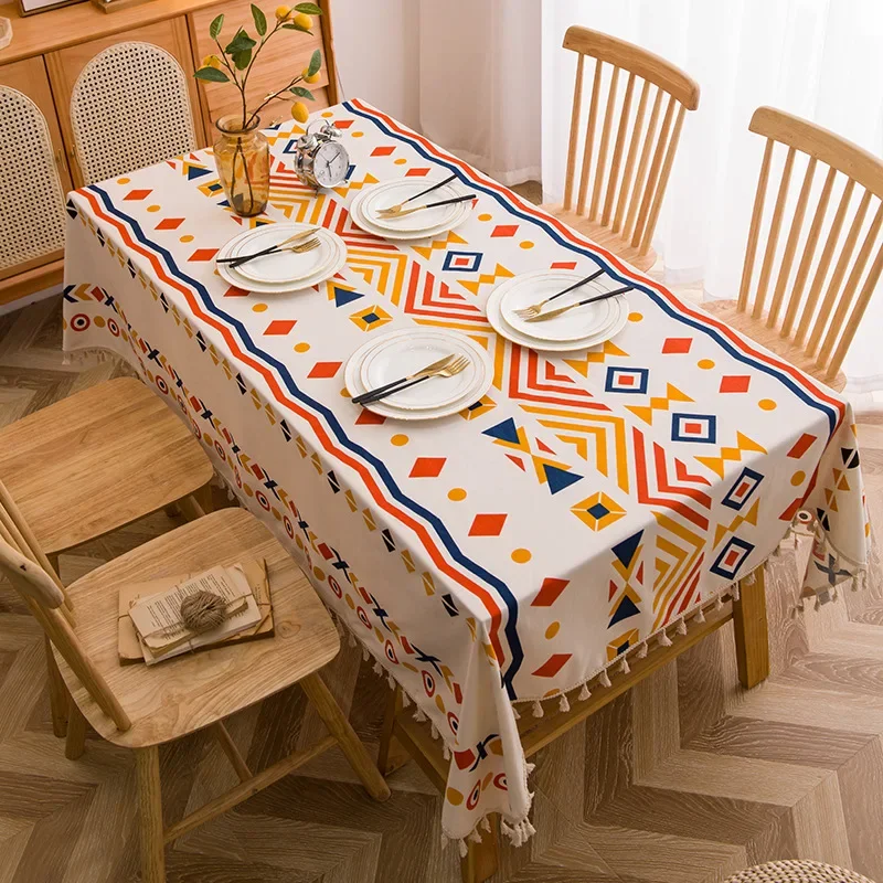 Bohemian Ethnic Style Rectangular Tablecloth Cotton Linen Geometric Printing Tablecloth Dining Table Coffee Table Decoration