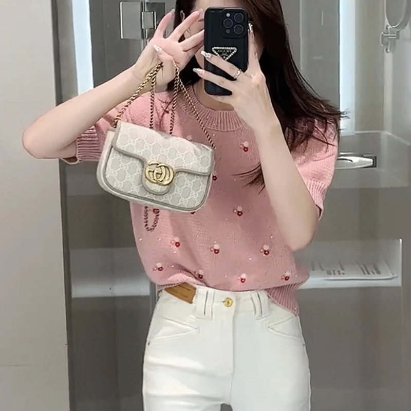 Women T-shirts O-neck Knitted Korean Style Design All-match Leisure Summer Comfortable Skin-friendly Classical Retro Daily Chill