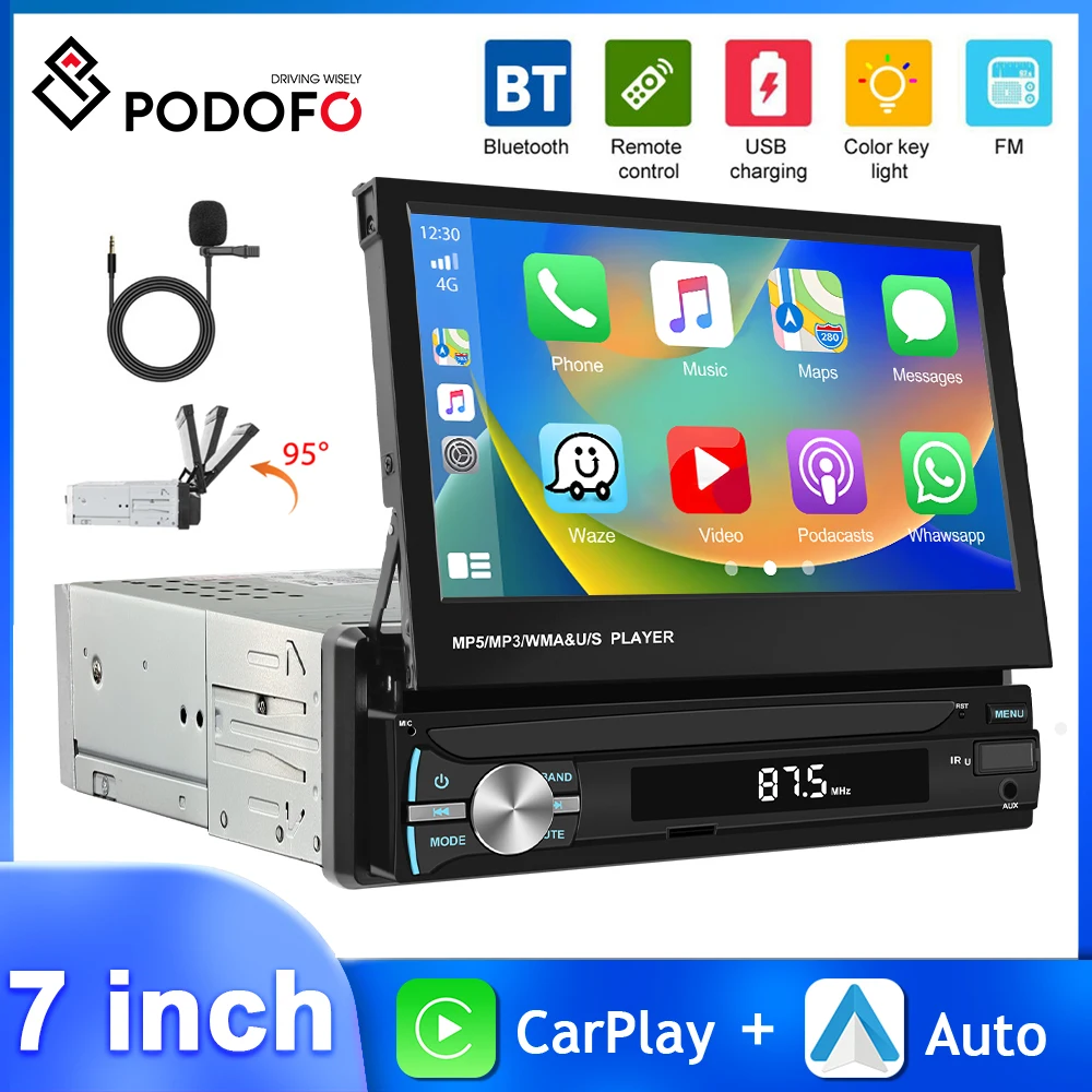 

Podofo Carplay Android Auto MP5 Player 1Din 7" Retractable Touch Screen Mirror Link Bluetooth FM/AM Car Stereo Mutimedia Player