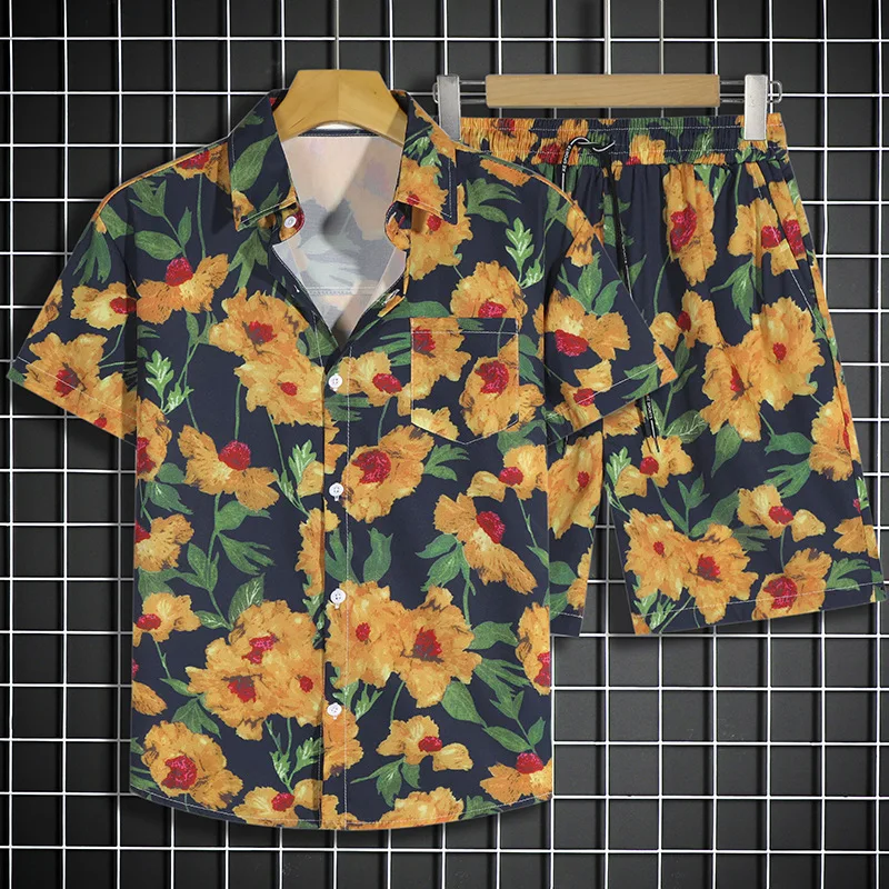 Comfortable seaside beach calligraphy plants 3D Print shirt +Shorts Two Piece Set Short Sleeve Flip collar shirts half pants