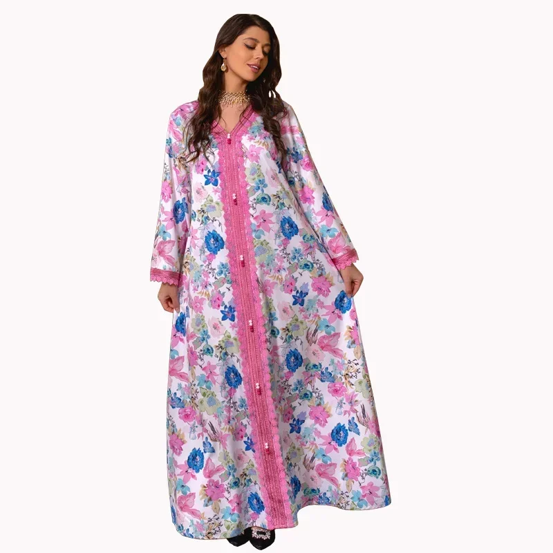 

Dubai Middle Eastern Women's Print Maxi Long Dress Jalabiya Pink Lace Robe Muslimische Abendkleid Robe Femme Musulmane