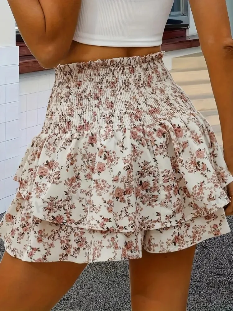 Print Bloemen Strandvakantie Mode Vrouwelijke Boho Rokken 2024 Vrouwen Zomer Sexy Korte Mini Rok Nieuwe Hoge Taille Ruches Rokken