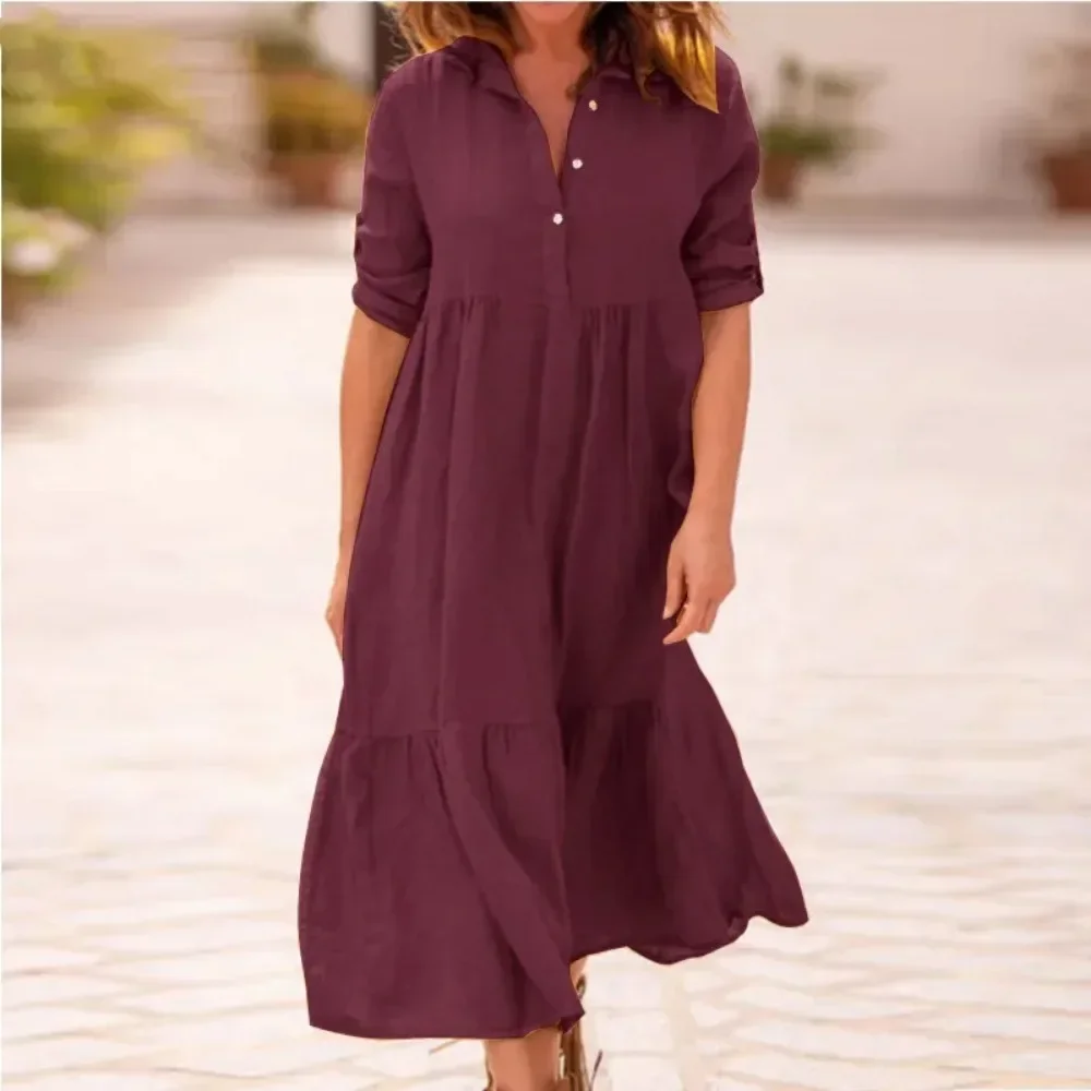 Spring/Summer Women\'s s-5XL Plus Size Elegant Loose Cotton Dress with Flip Collar Twist Button Half Sleeve Solid Color Casual