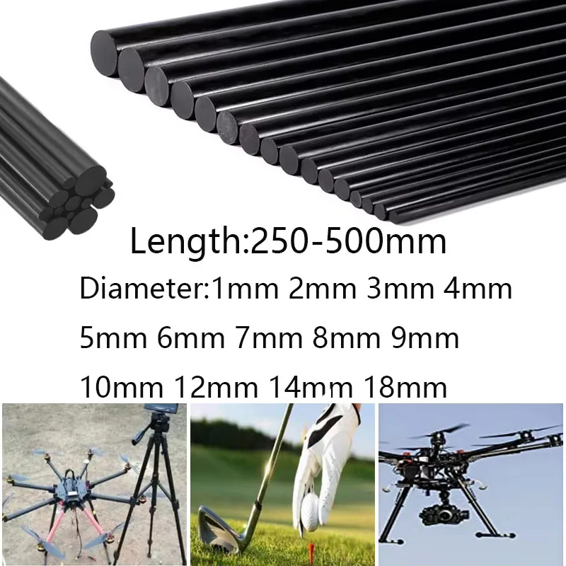 1-10pcs Carbon Fiber Round Solid Rod Dia 1mm 2mm 3mm 4mm 5mm-18mm Length 250-500mm High Strength Light Weight For DIY