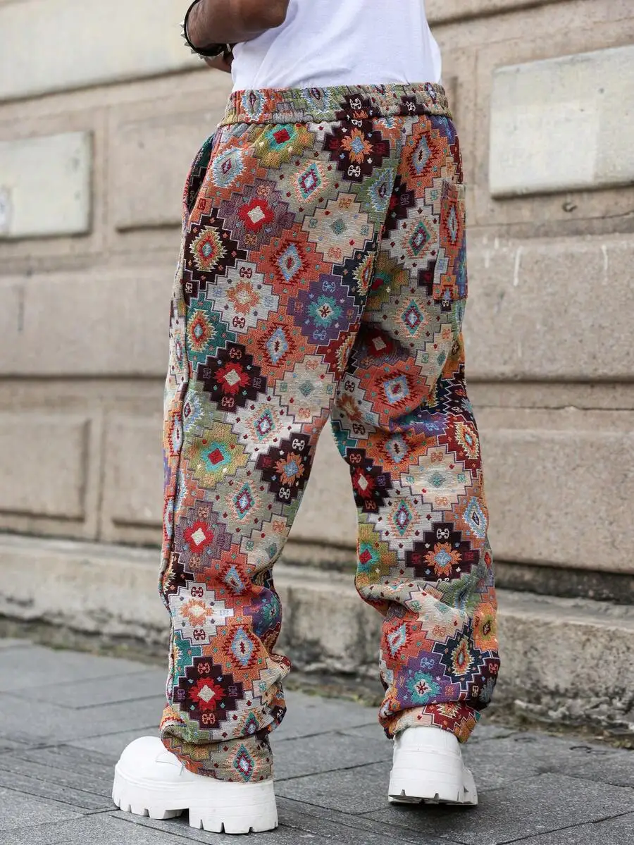 Mens Wide Leg Straight Pants With Retro Jacquard Geometric Pattern Elastic Waist Casual Trousers