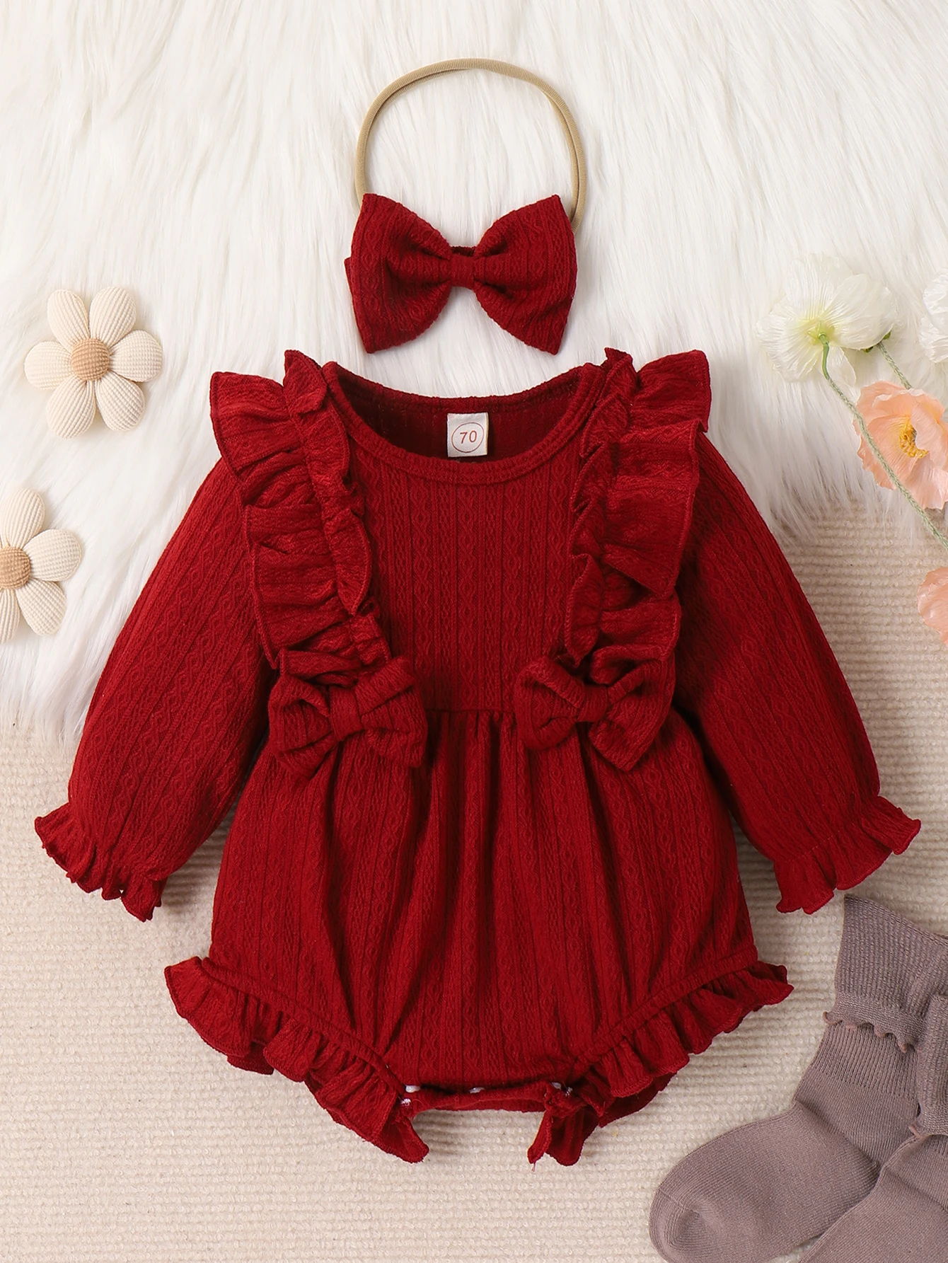

Baby Girl Red Ruffle Romper Long Sleeve Jumpsuit with Bow Headband Newborn Infant Fall Winter Outfit