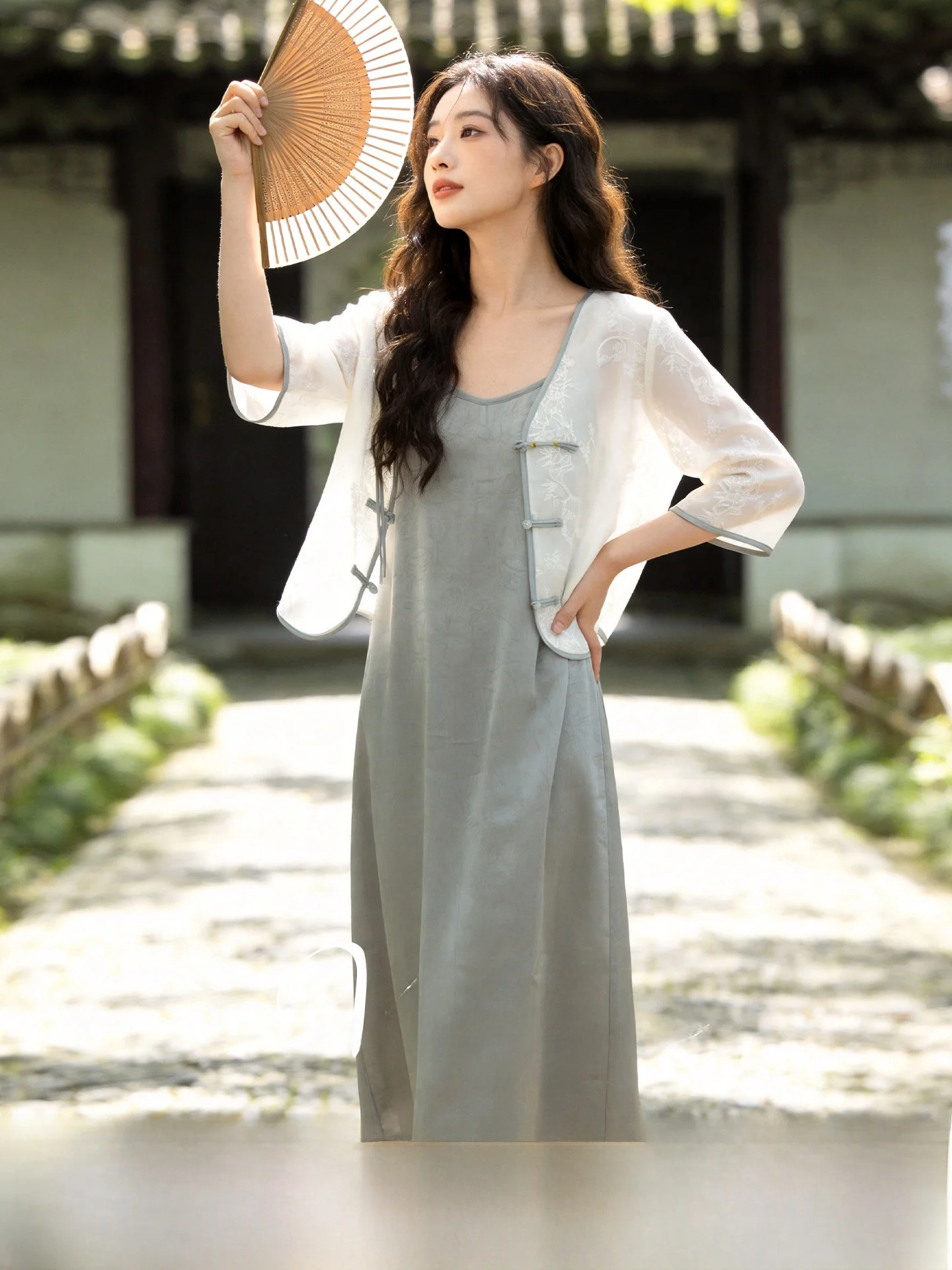 

New 2026 Summer plus Size Women's Fashion Set with Open Cardigan And Strap Dress Anti-Aging Slimming Two-Piece Traditional Ch...