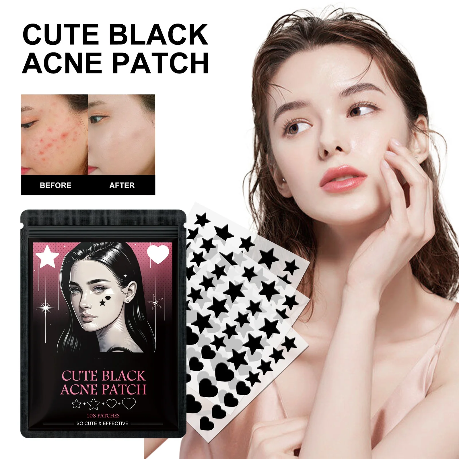 108 Patches Star Shape and Heart Shape Cute Black Acne Patch Repair Facial Fade Acne Pimples Closed Heads Remove Blackheads