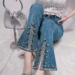 2024 Spring Summer Women High Waisted Rhinestone Flare Denim Trousers , Fall Korean Style Stretchy Placket Jeans Pants for Woman