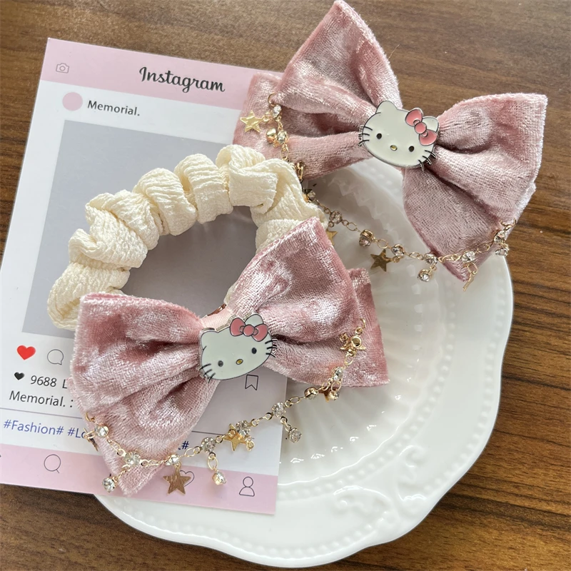 Sanrio Hello Kitty cuerda para el cabello dibujos animados Anime lindo pajarita rosa KT horquilla niñas cola de caballo alta accesorios para el cabello regalos de vacaciones para niños