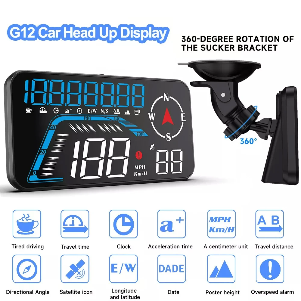 

G12 HUD Head Up Display GPS Digital Speedometer For All Cars Clock Driving Distance Altitude LED Screen Display System Alarm