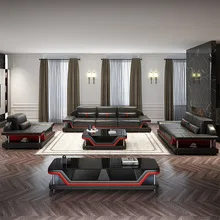 Modern Minimalist Genuine Leather Sectional Sofa Set with Built-in Storage and Glass Coffee Table & TV Stand Living Room