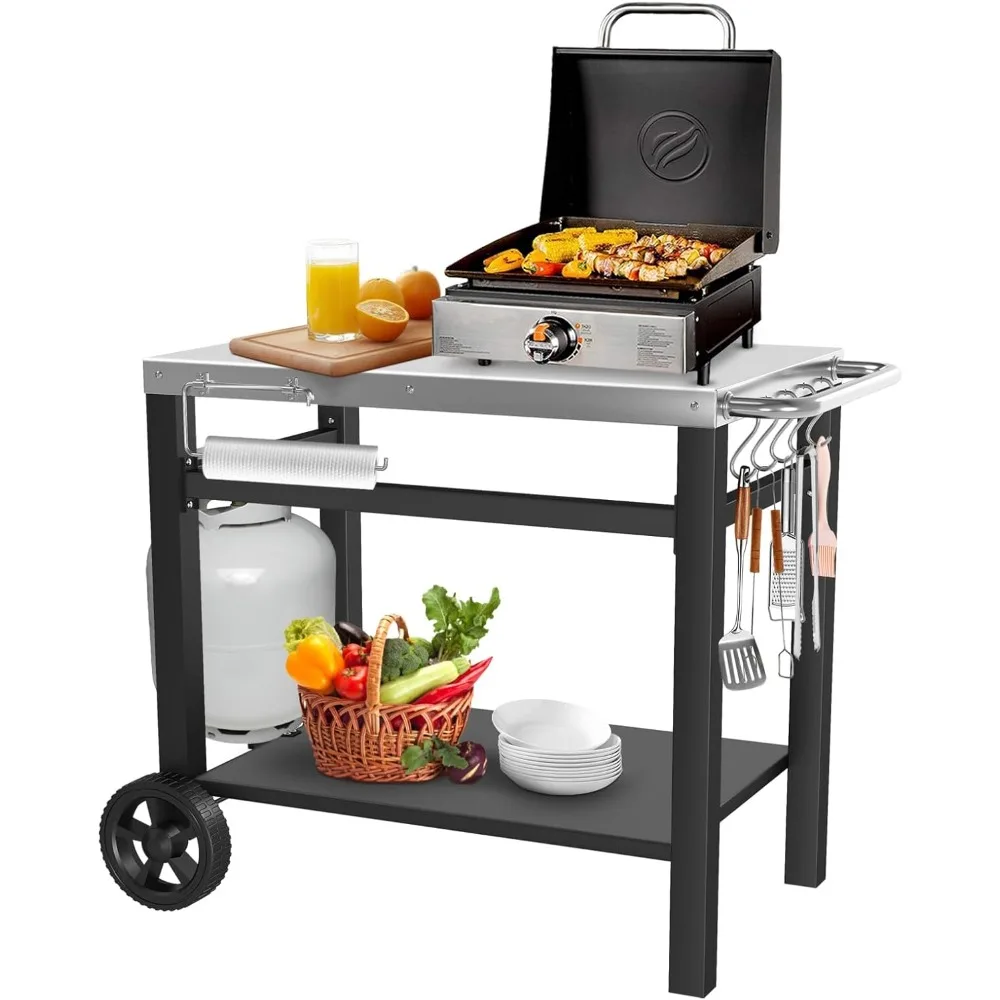Portable Outdoor Grilling Station with Dining Cart, Pizza Oven Stand, and Double-Tier Grilling Rack with Utility Cart for Food P