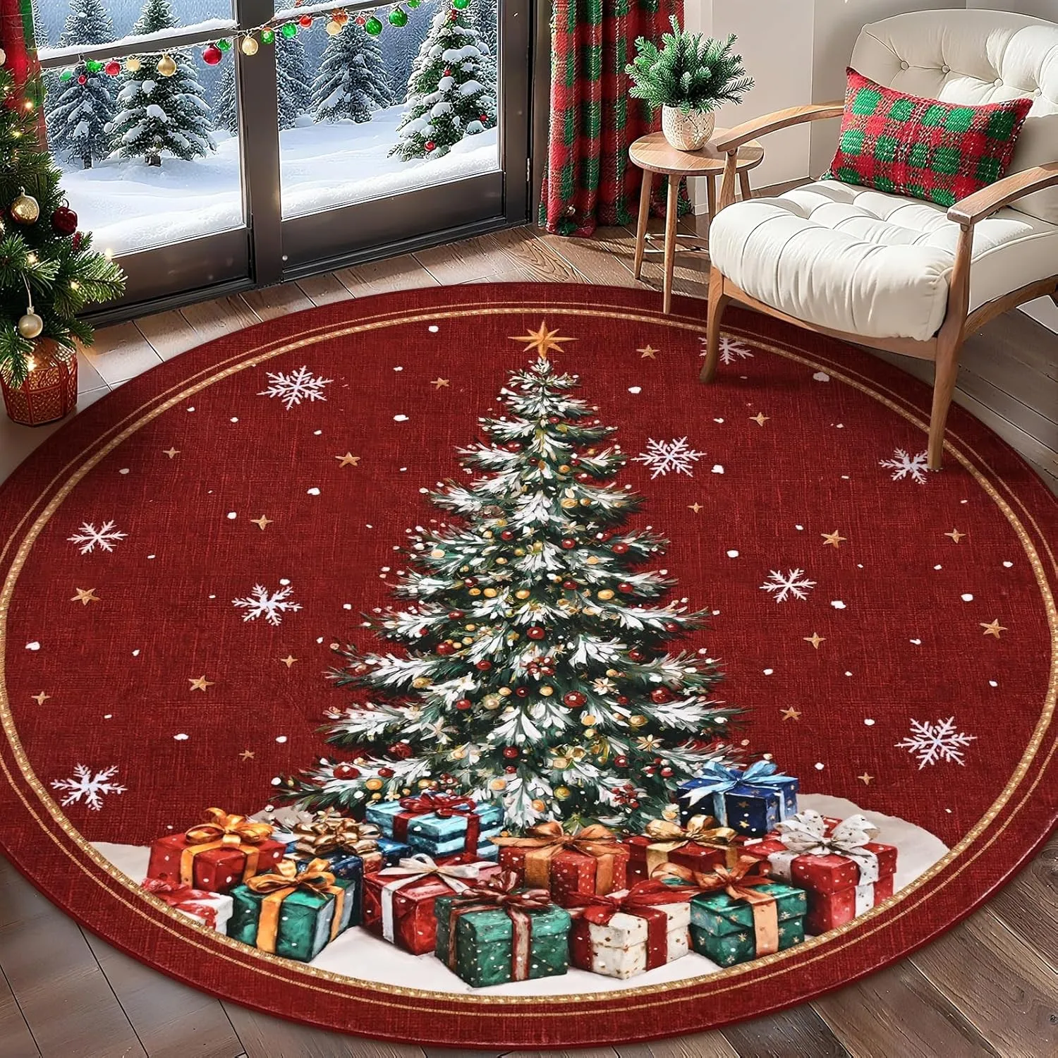 Christmas Round Rug Christmas Tree Washable Round Carpet for Living Room Non Slip Bedroom Mat Rugs for Holiday Decorations
