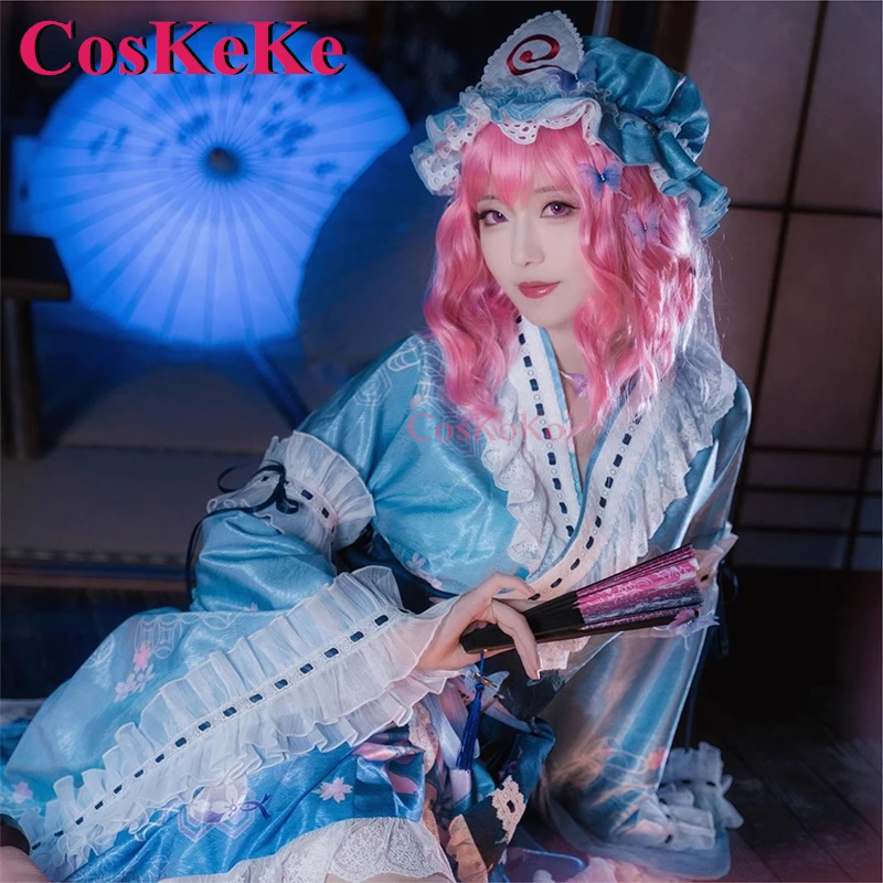 CosKeKe Saigyouji Yuyuko Cosplay Game Touhou Project Costume Gorgeous Sweet Formal Dress Halloween Party Role Play Clothing S-XL